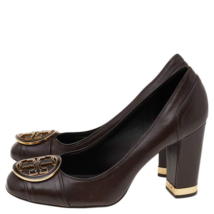 Pre Owned Tory Burch Brown Leather Block Heel Pumps Size 38