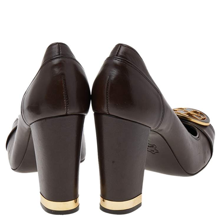 Pre Owned Tory Burch Brown Leather Block Heel Pumps Size 38