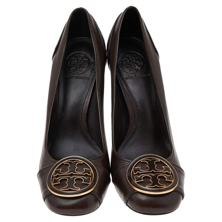 Pre Owned Tory Burch Brown Leather Block Heel Pumps Size 38