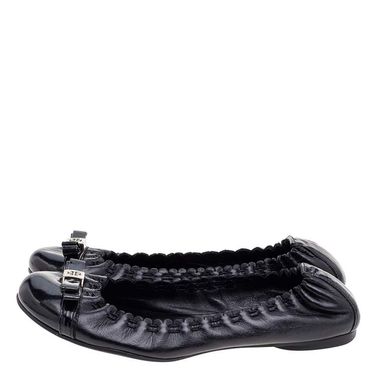 Pre Owned Tory Burch Black Leather Cap Toe Scrunch Ballet Flats Size 36