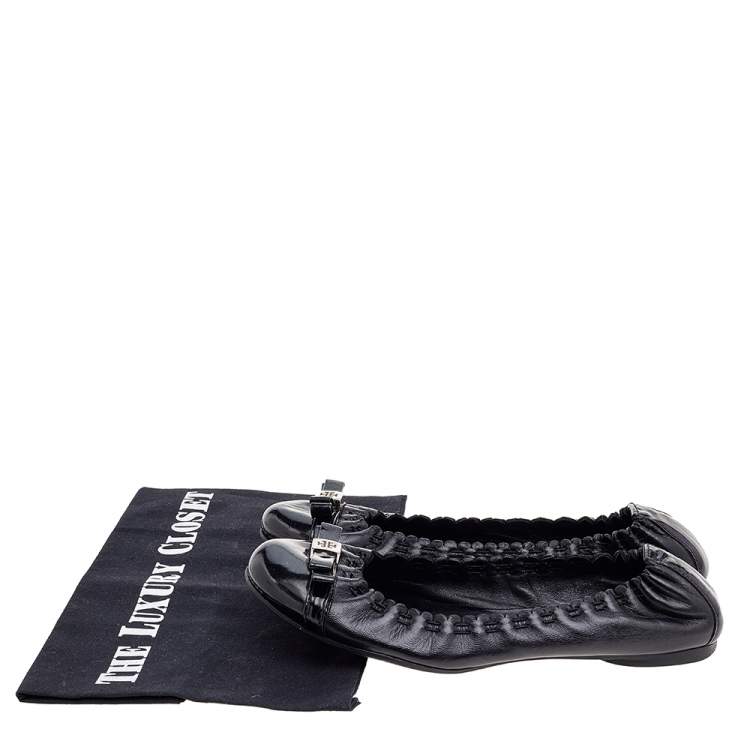 Pre Owned Tory Burch Black Leather Cap Toe Scrunch Ballet Flats Size 36
