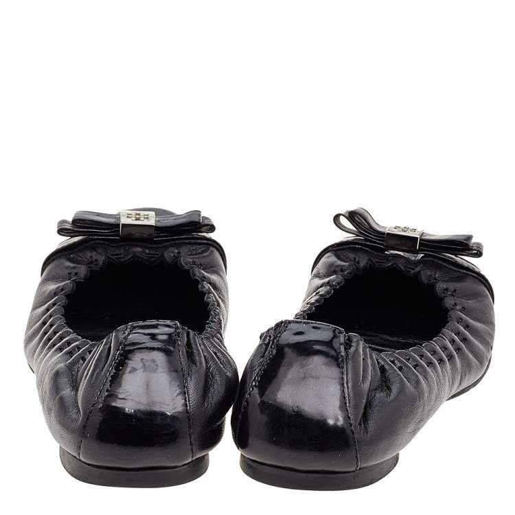 Pre Owned Tory Burch Black Leather Cap Toe Scrunch Ballet Flats Size 36