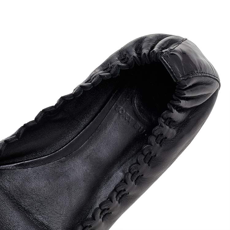 Pre Owned Tory Burch Black Leather Cap Toe Scrunch Ballet Flats Size 36