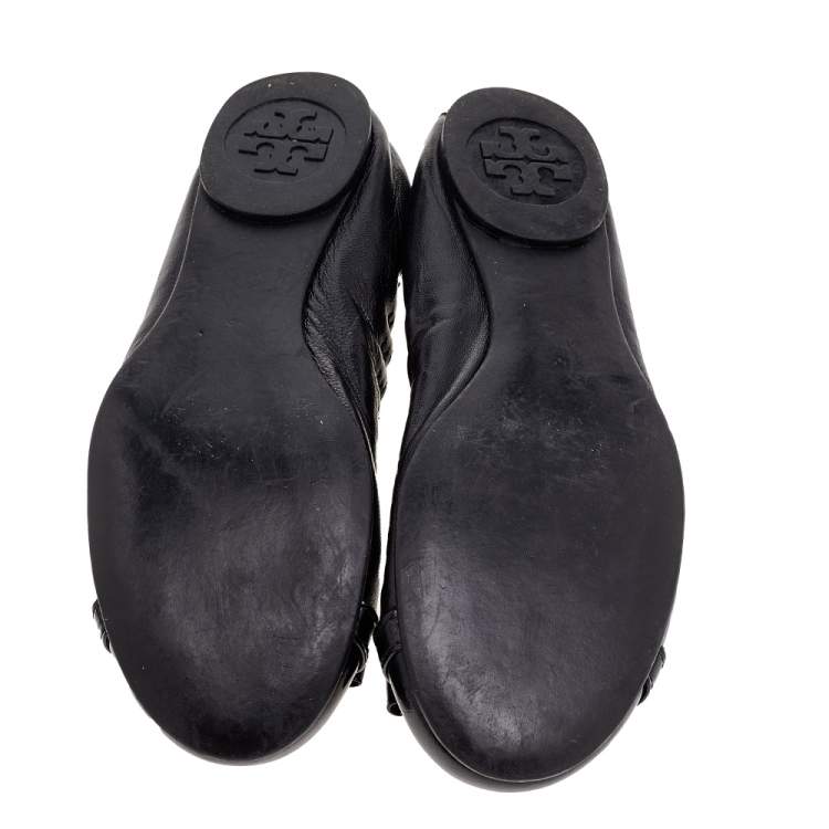 Pre Owned Tory Burch Black Leather Cap Toe Scrunch Ballet Flats Size 36