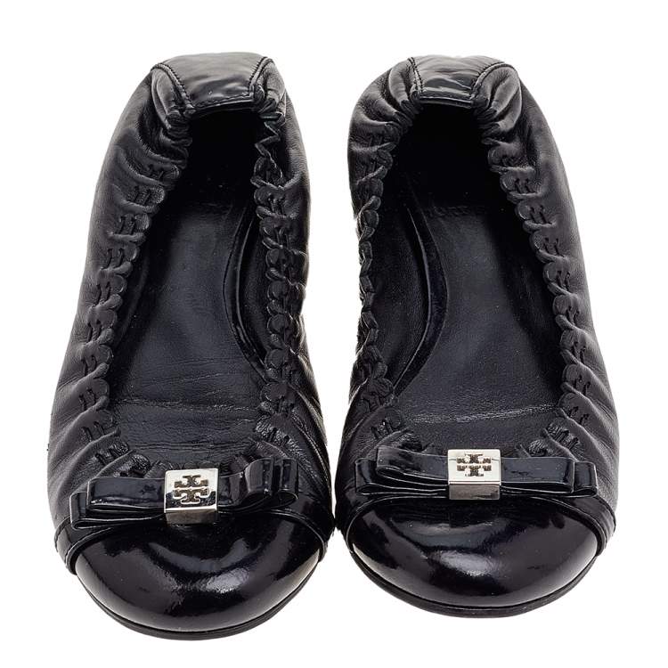 Pre Owned Tory Burch Black Leather Cap Toe Scrunch Ballet Flats Size 36