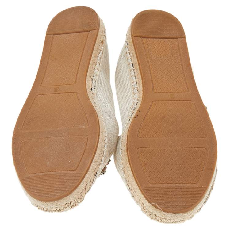 Pre Owned Tory Burch White Canvas Embellished Espadrilles Flat Size 37.5