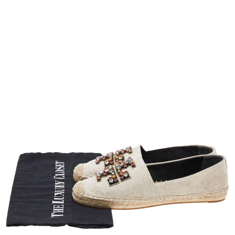 Pre Owned Tory Burch White Canvas Embellished Espadrilles Flat Size 37.5