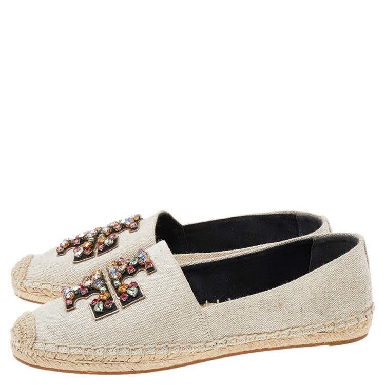 Pre Owned Tory Burch White Canvas Embellished Espadrilles Flat Size 37.5