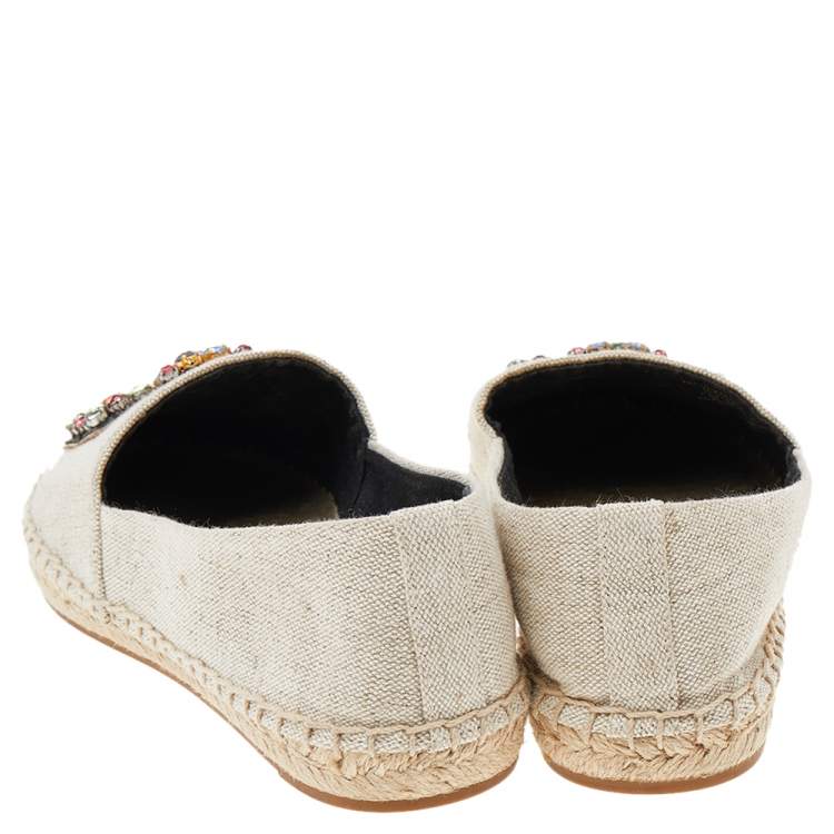 Pre Owned Tory Burch White Canvas Embellished Espadrilles Flat Size 37.5