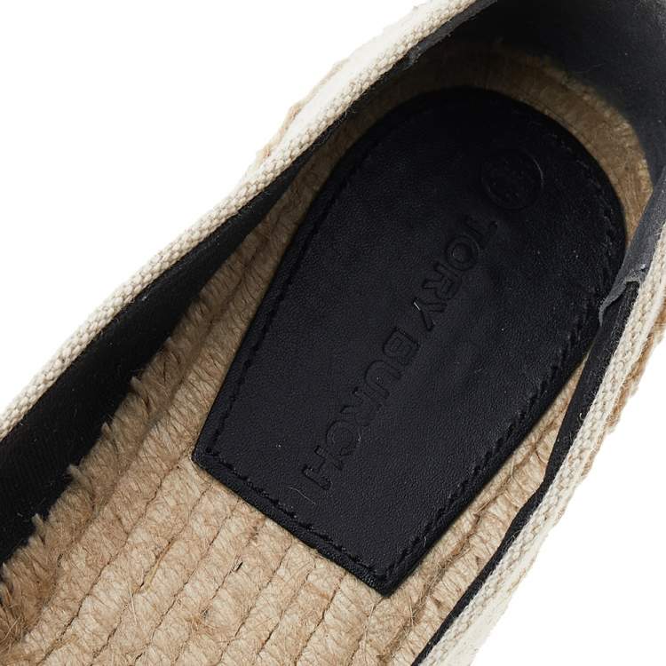 Pre Owned Tory Burch White Canvas Embellished Espadrilles Flat Size 37.5