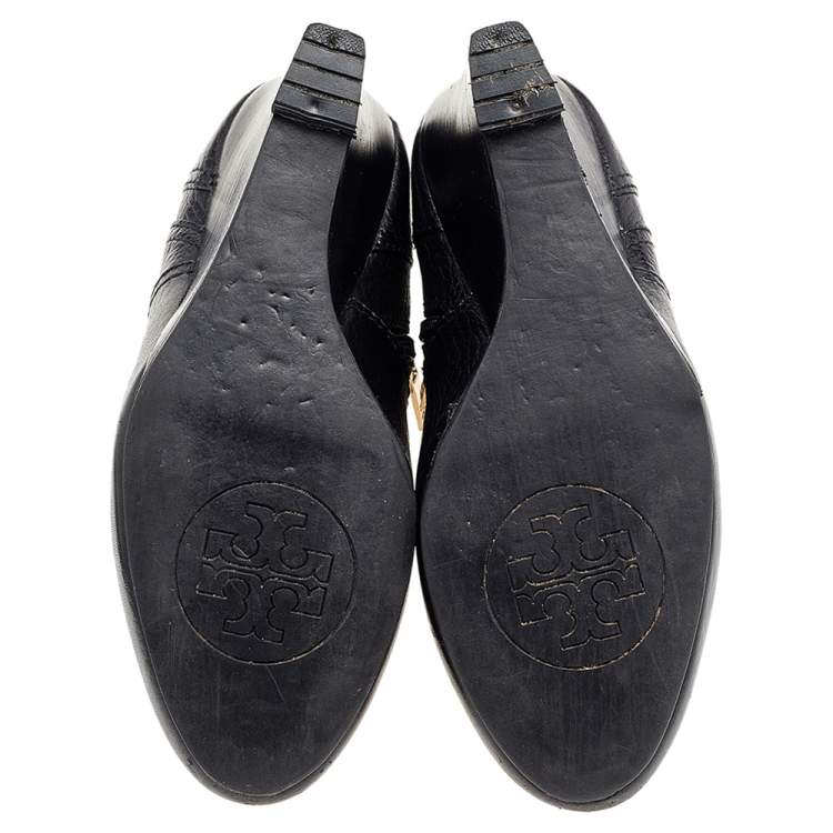 Pre Owned Tory Burch Black Leather Wedge Ankle Length Boots Size 37