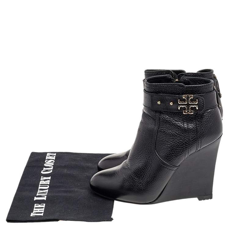 Pre Owned Tory Burch Black Leather Wedge Ankle Length Boots Size 37