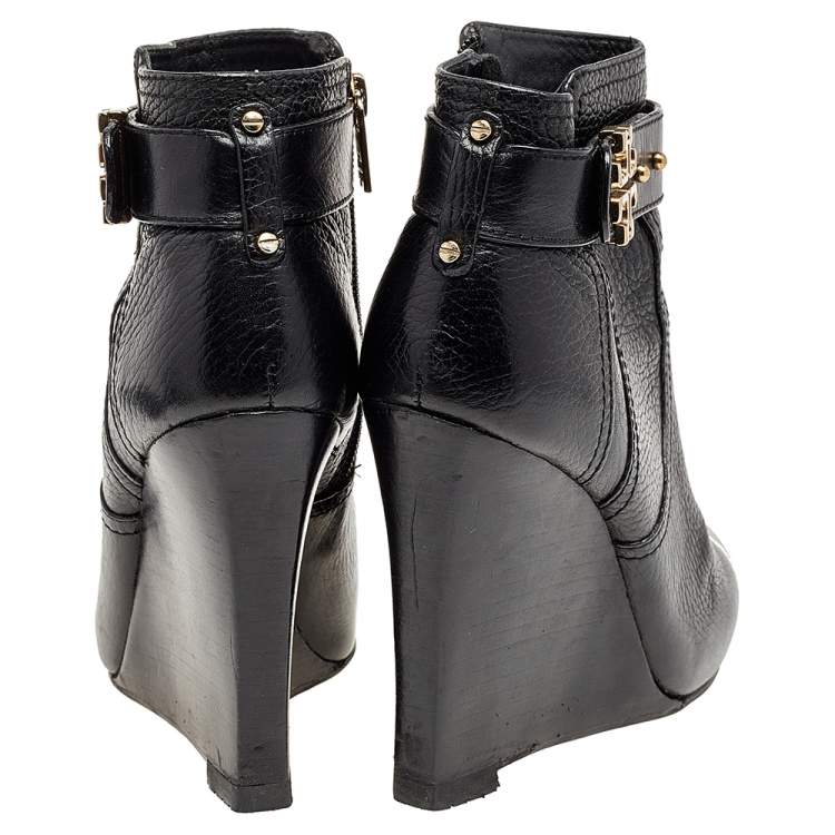 Pre Owned Tory Burch Black Leather Wedge Ankle Length Boots Size 37