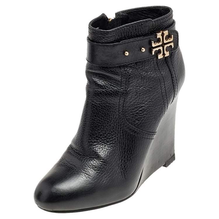 Tory Burch Black Leather Wedge Ankle Length Boots Size 37 Tory Burch | TLC