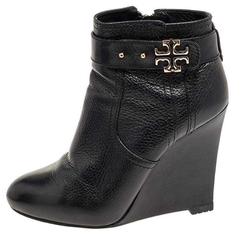 Tory Burch Black Leather Wedge Ankle Length Boots Size 37 Tory Burch | TLC