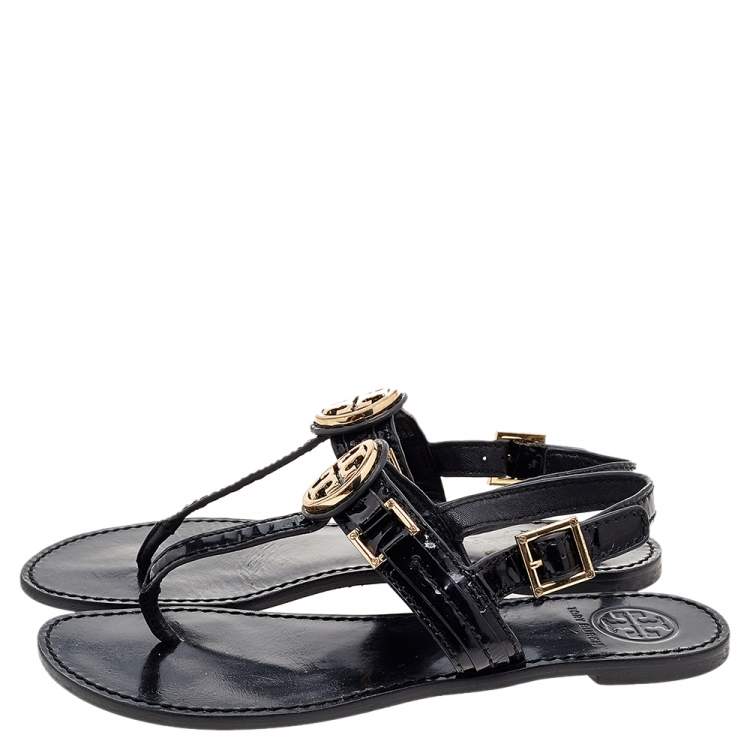 Pre Owned Tory Burch Black Patent Leather T Strap Flat Sandals Size 37.5