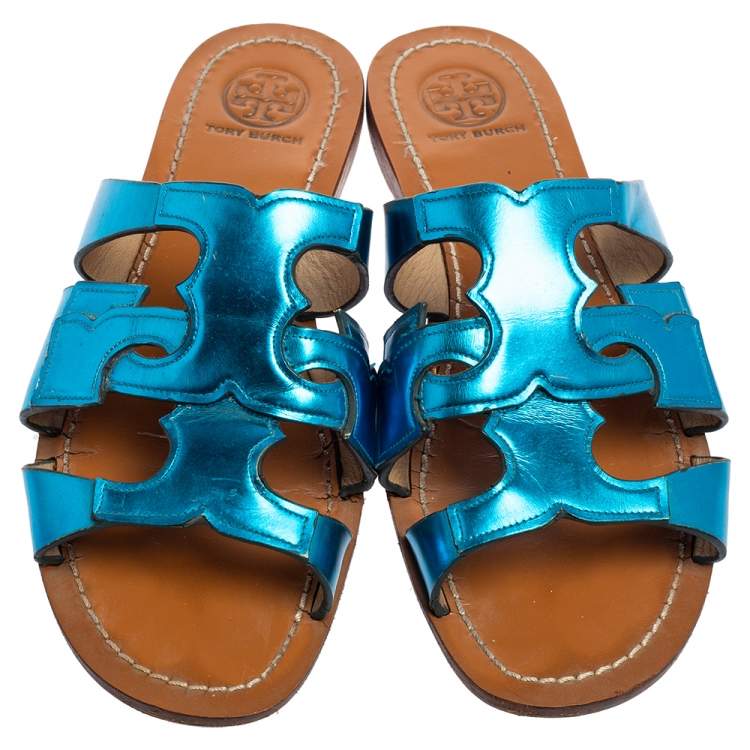 Pre Owned Tory Burch Metallic Blue Leather Flat Slide Sandals Size 37