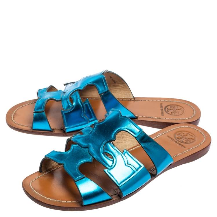 Pre Owned Tory Burch Metallic Blue Leather Flat Slide Sandals Size 37