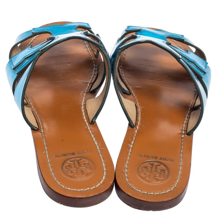 Pre Owned Tory Burch Metallic Blue Leather Flat Slide Sandals Size 37