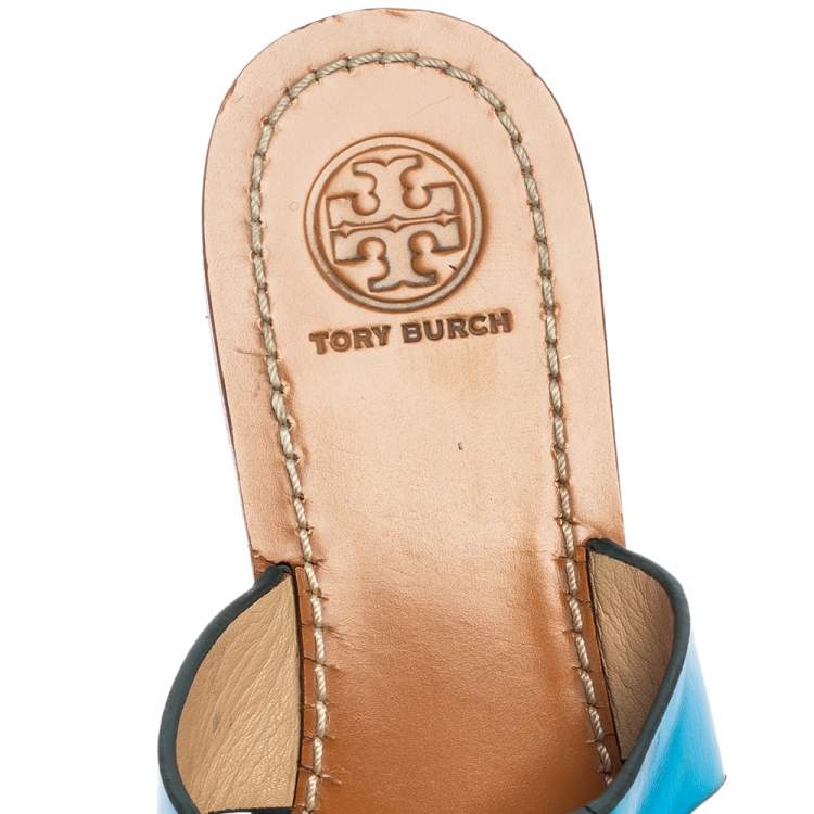 Pre Owned Tory Burch Metallic Blue Leather Flat Slide Sandals Size 37