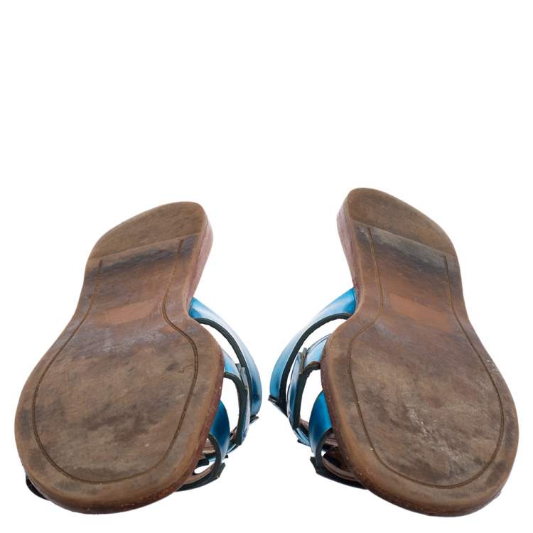 Pre Owned Tory Burch Metallic Blue Leather Flat Slide Sandals Size 37