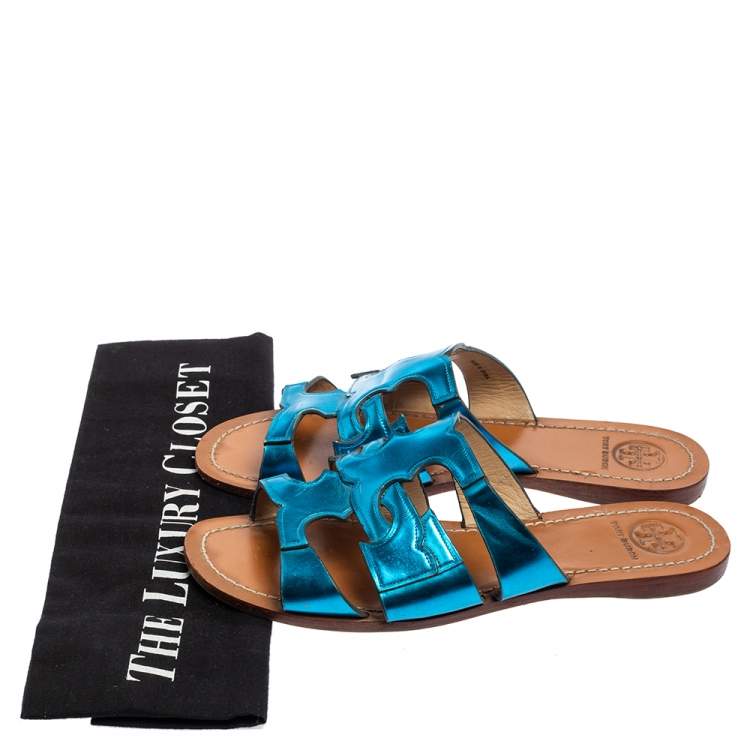 Pre Owned Tory Burch Metallic Blue Leather Flat Slide Sandals Size 37