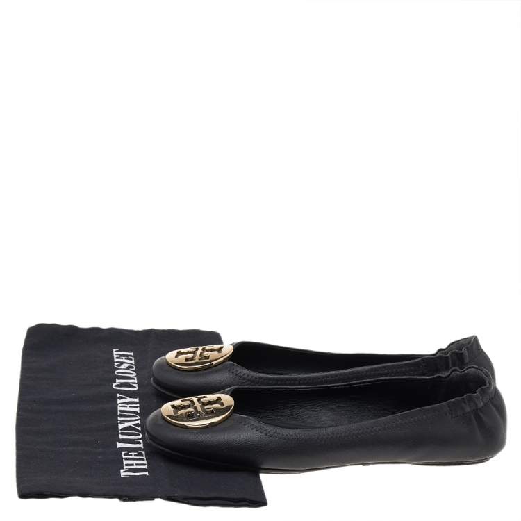 Pre Owned Tory Burch Black Leather Minnie Scrunch Ballet Flats Size 37