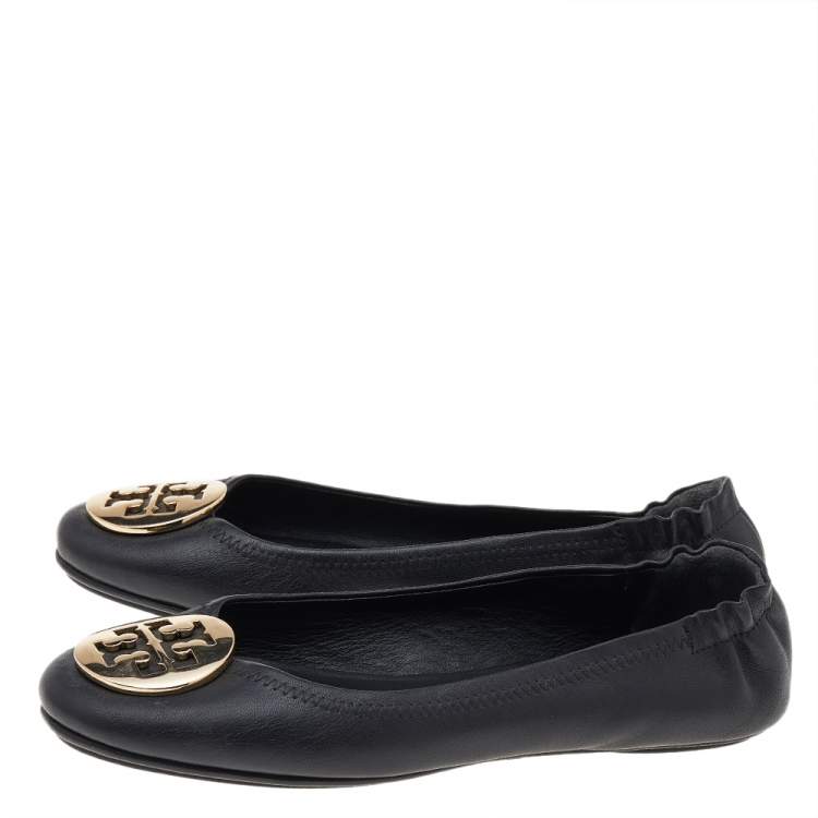 Pre Owned Tory Burch Black Leather Minnie Scrunch Ballet Flats Size 37