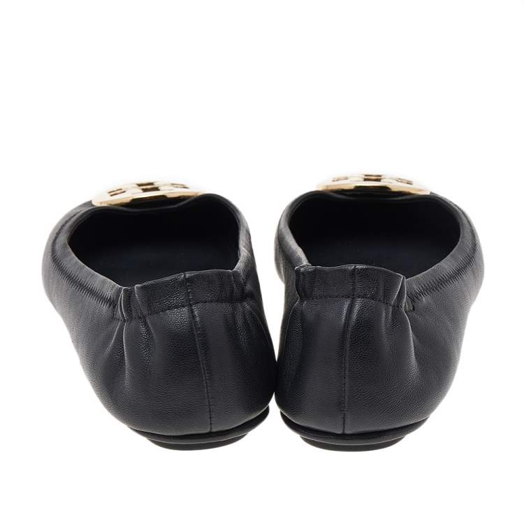 Pre Owned Tory Burch Black Leather Minnie Scrunch Ballet Flats Size 37