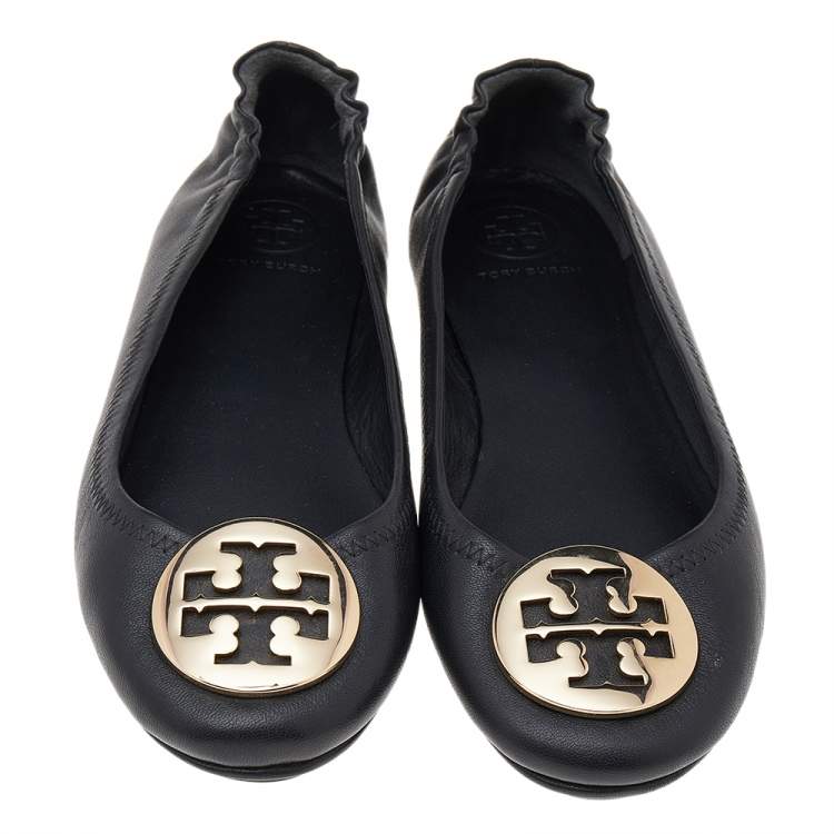 Pre Owned Tory Burch Black Leather Minnie Scrunch Ballet Flats Size 37
