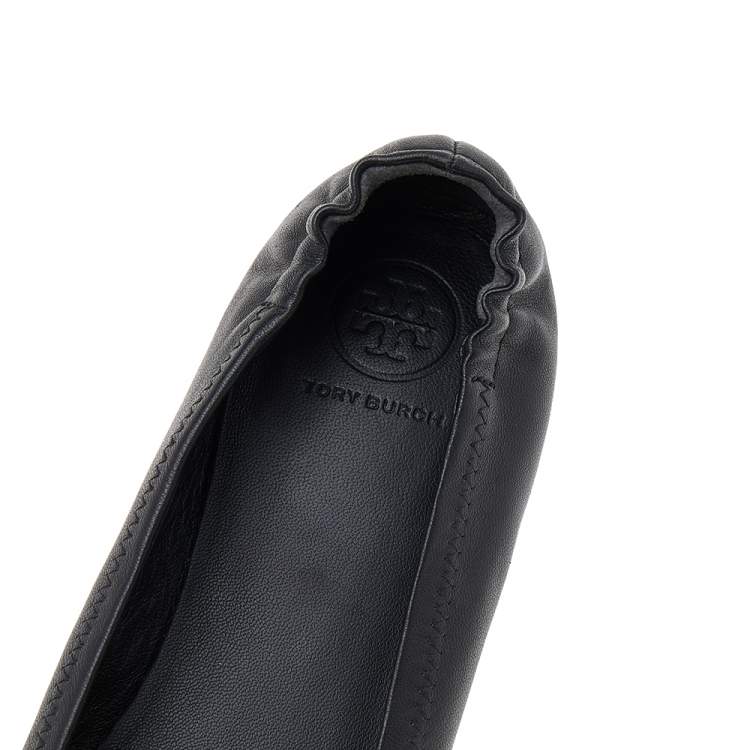 Pre Owned Tory Burch Black Leather Minnie Scrunch Ballet Flats Size 37
