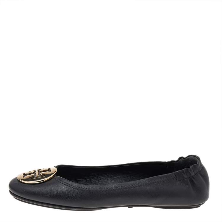 Pre Owned Tory Burch Black Leather Minnie Scrunch Ballet Flats Size 37