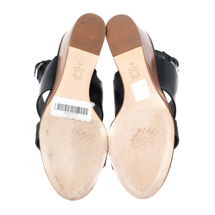 Pre Owned Tory Burch Navy Blue Leather Miller Logo Wedge Ankle Strap Sandals Size 39