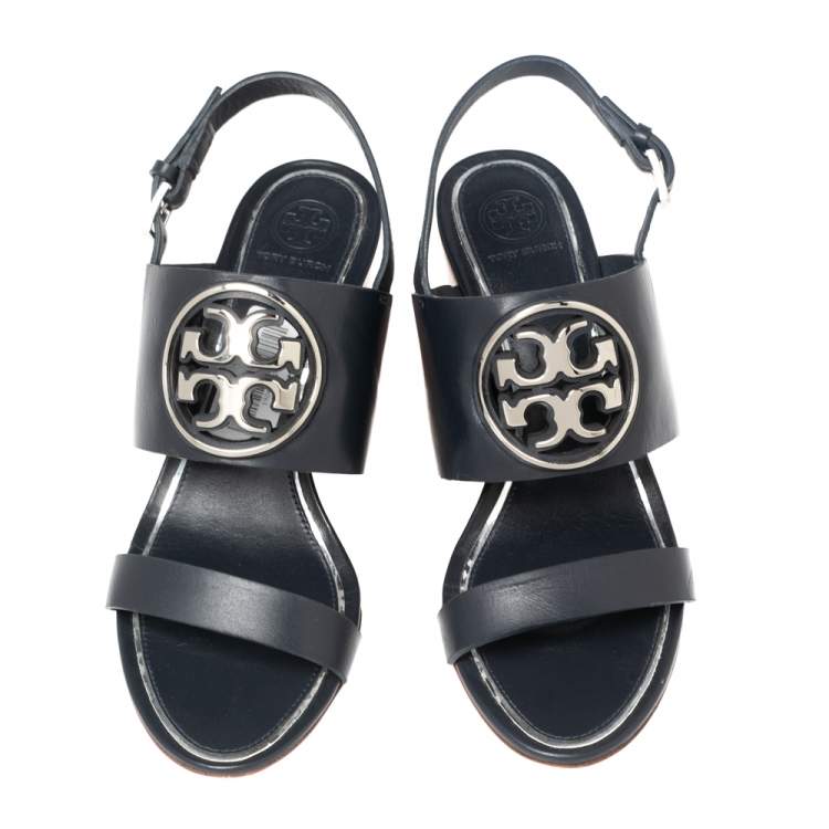 Pre Owned Tory Burch Navy Blue Leather Miller Logo Wedge Ankle Strap Sandals Size 39