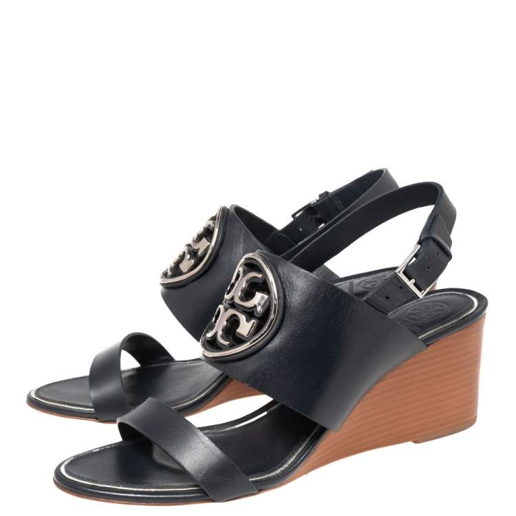 Pre Owned Tory Burch Navy Blue Leather Miller Logo Wedge Ankle Strap Sandals Size 39