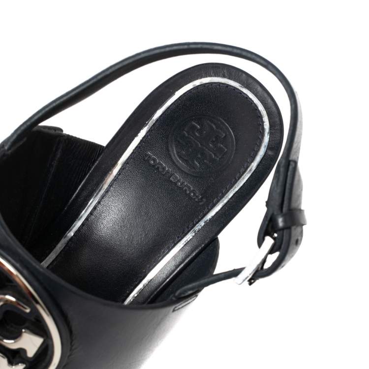 Pre Owned Tory Burch Navy Blue Leather Miller Logo Wedge Ankle Strap Sandals Size 39