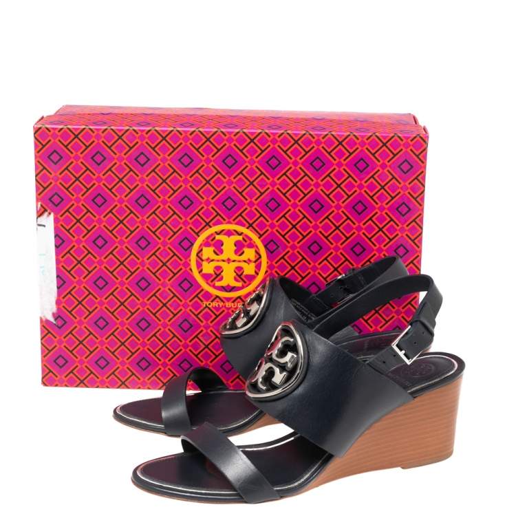 Pre Owned Tory Burch Navy Blue Leather Miller Logo Wedge Ankle Strap Sandals Size 39