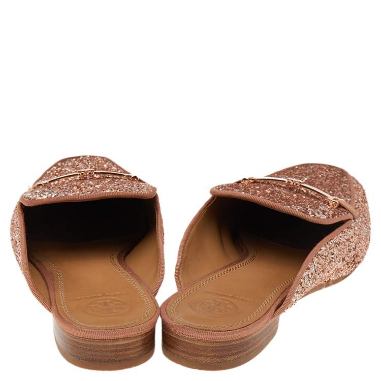 Pre Owned Tory Burch Pink Glitter Amelia Flat Mules Size 38.5
