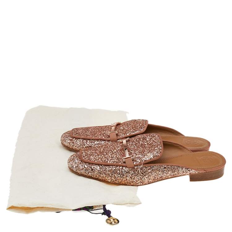 Pre Owned Tory Burch Pink Glitter Amelia Flat Mules Size 38.5