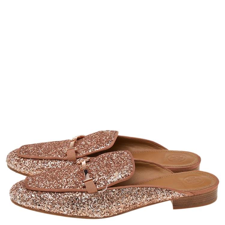 Pre Owned Tory Burch Pink Glitter Amelia Flat Mules Size 38.5