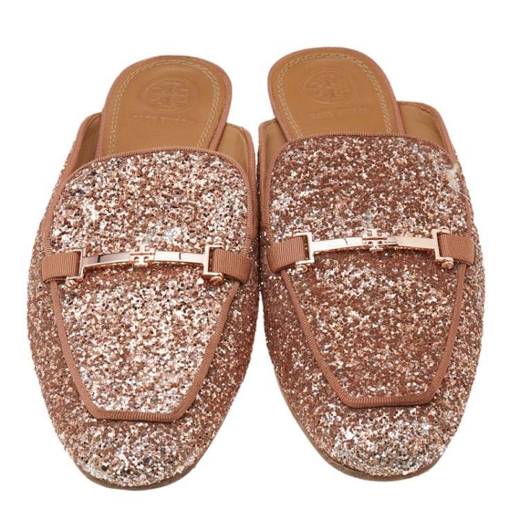 Pre Owned Tory Burch Pink Glitter Amelia Flat Mules Size 38.5