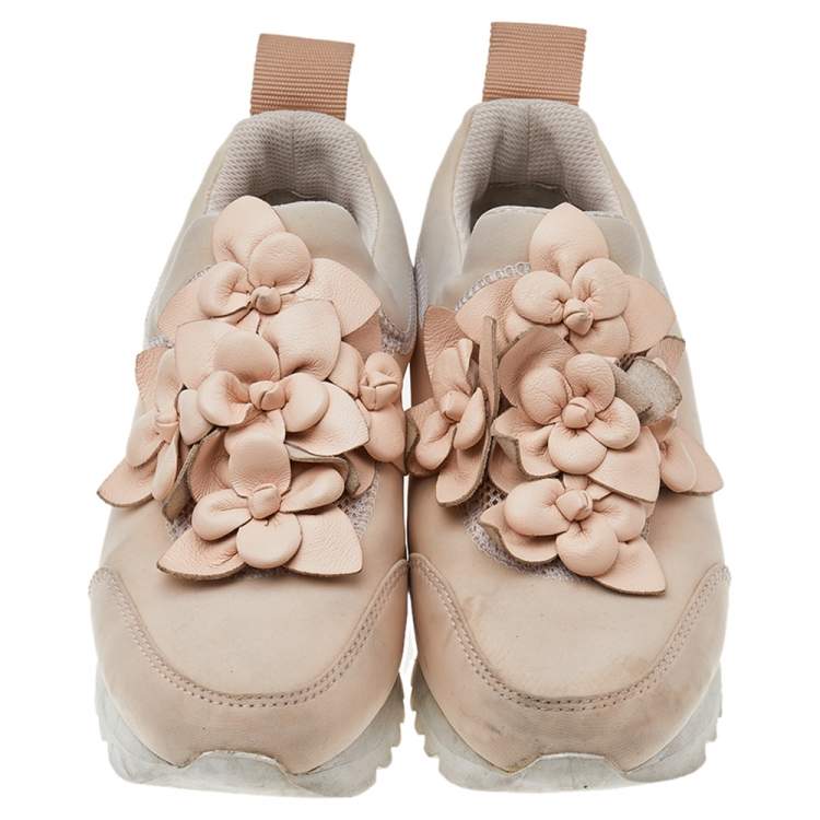 Pre Owned Tory Burch Pink Neoprene and Leather Blossom Floral Applique Slip On Sneakers Size 37