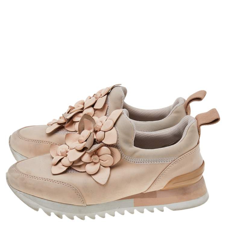 Pre Owned Tory Burch Pink Neoprene and Leather Blossom Floral Applique Slip On Sneakers Size 37