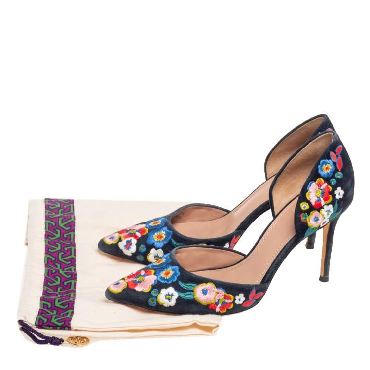 Pre Owned Tory Burch Multicolor Suede Rosemont Embroidered D’orsay Pumps Size 38
