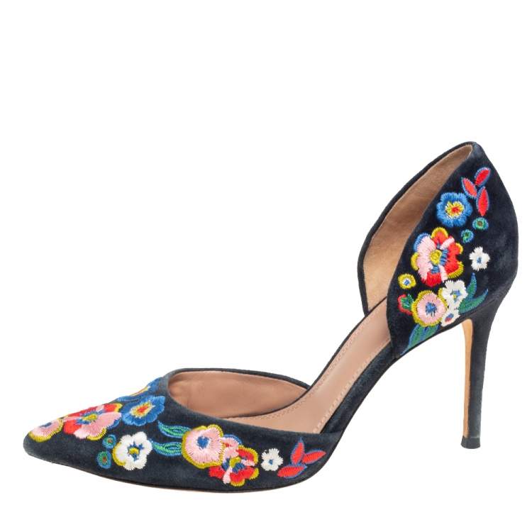 Pre Owned Tory Burch Multicolor Suede Rosemont Embroidered D’orsay Pumps Size 38