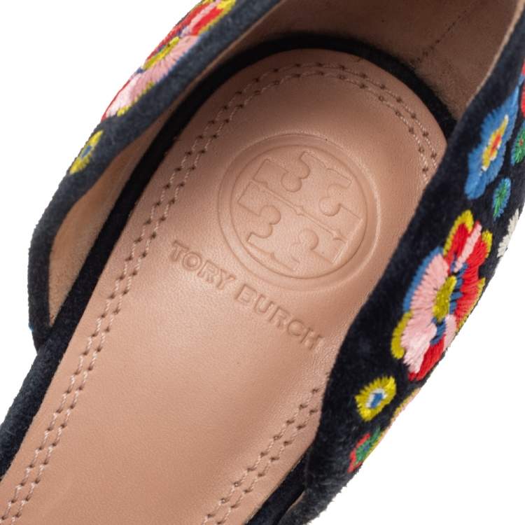 Pre Owned Tory Burch Multicolor Suede Rosemont Embroidered D’orsay Pumps Size 38