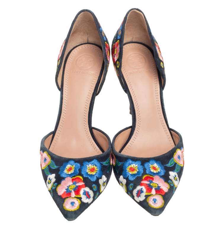 Pre Owned Tory Burch Multicolor Suede Rosemont Embroidered D’orsay Pumps Size 38