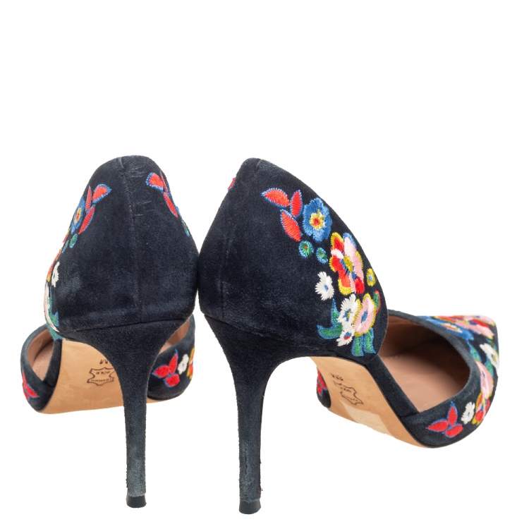 Pre Owned Tory Burch Multicolor Suede Rosemont Embroidered D’orsay Pumps Size 38