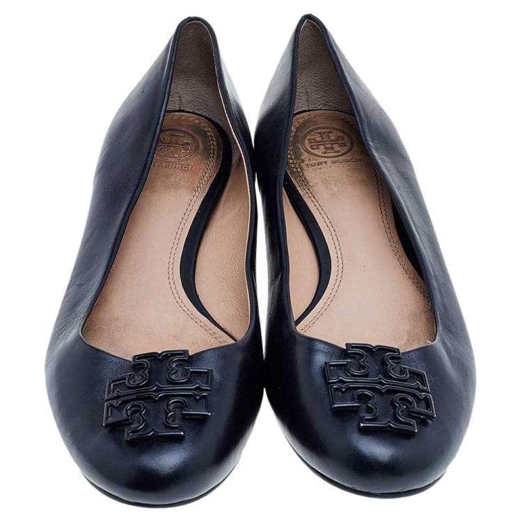Pre Owned Tory Burch Black Leather Reva Ballet Flats Size 40