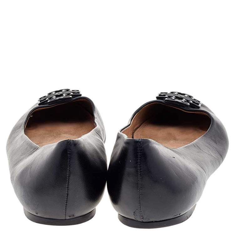 Pre Owned Tory Burch Black Leather Reva Ballet Flats Size 40